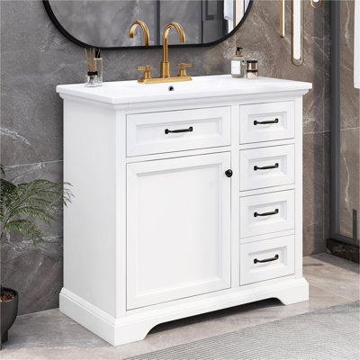 [Video] 36" Bathroom Vanity with Sink, Ceramic Sink, 2 Tip-out Drawers, Soft Close Door Hinges, White(same SKU: N759P223021K)
