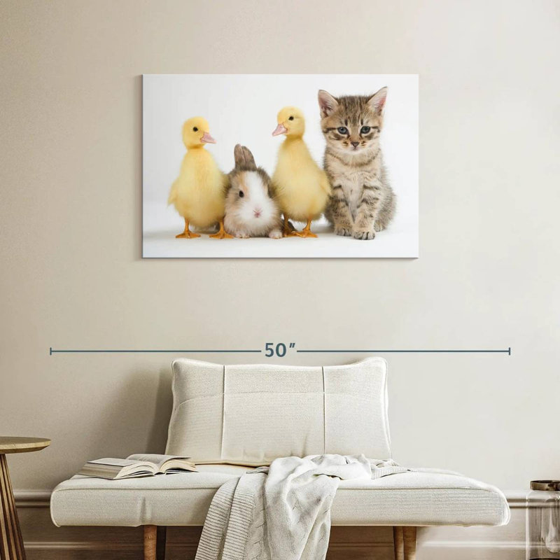 Brampt Kitten With Ducklings And Rabbit, 24" H x 36" W
