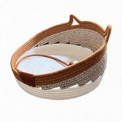 Breathable Cotton Rope Cat Bed Basket 17.7Inch, Cozy Round Pet Sleeping Nest with Removable Cushion, Lightweight Washable Kitten Bed with Handles for Indoor Cats up to 22 lbs, Brown‑Tone Pet Furniture