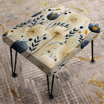 Ivory & Blue Coastal Serene Floral Pattern - Floral Rectangle Ottoman
