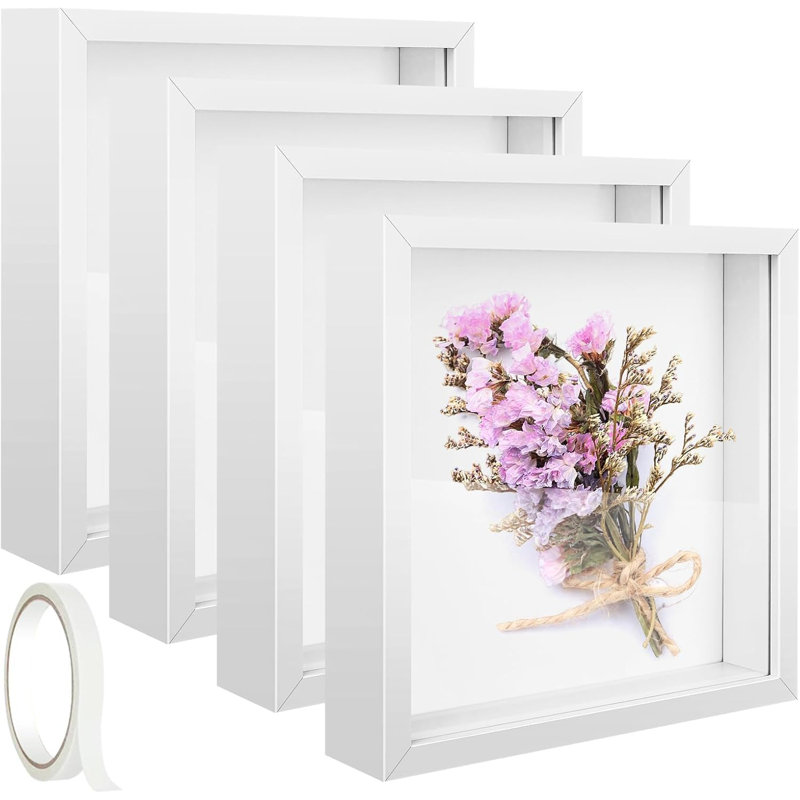 4 Pack 8 X 8In Shadow Box Picture Frame 3D Frames Shadow Box Square Shadow Boxes Display Cases With Adhesive Tape For Baby Items Wedding Memories Crafts Awards Medals Tickets And Photos(White)