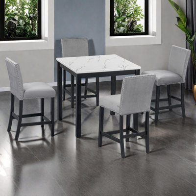 5-Piece Counter Height Dining Set with Faux Marble Table and Velvet-Upholstered Chairs