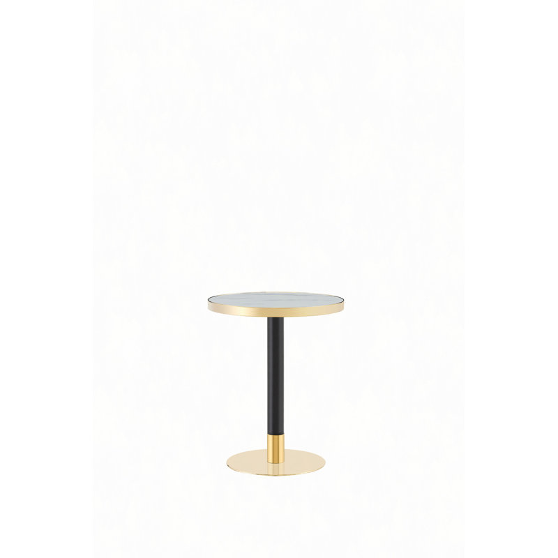 Panneau de fibres à densité moyenne rond de 23,6 po recouvert d'un comptoir de peinture UV, texture marbre, bordure en acier inoxydable, pieds de table en métal, table basse moderne et luxueuse.