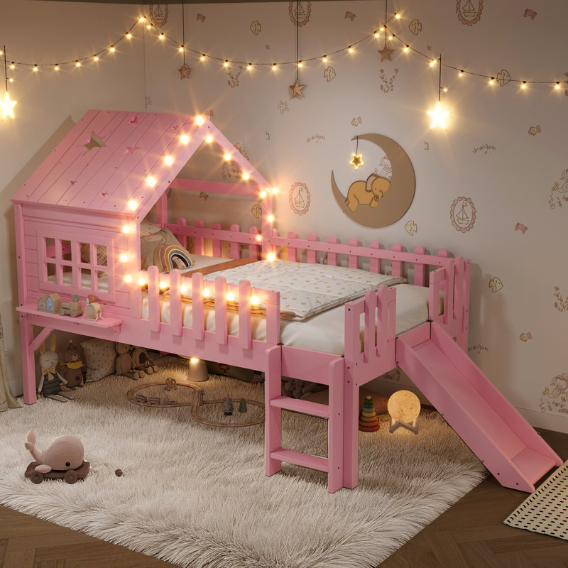 Lit mezzanine simple avec glissade, cadre de maison de jeu, conception étoile et lune, fenêtre, lumières DEL, sans sommier, rose