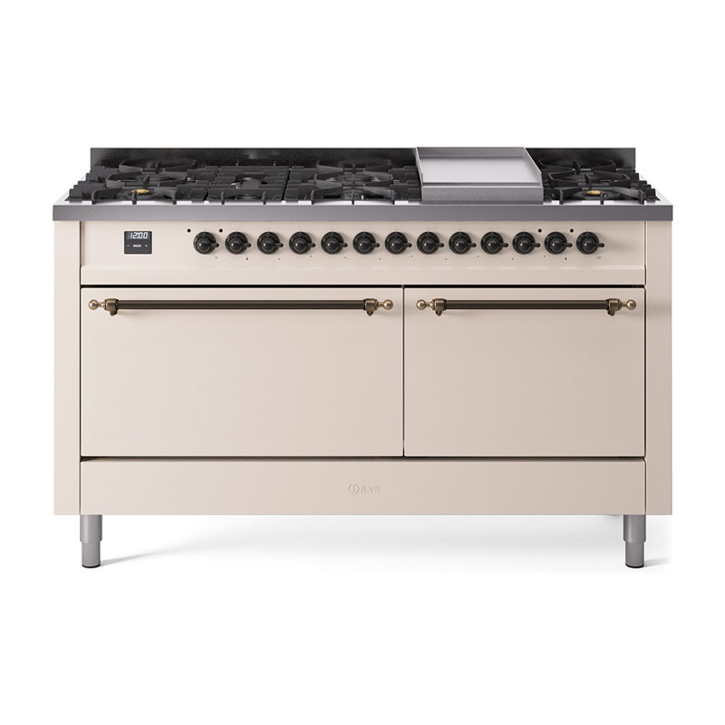 ILVE Nostalgie II 60 in Dual Fuel Range, 9 Burner, Griddle, Antique White/Burnished, Natural Gas