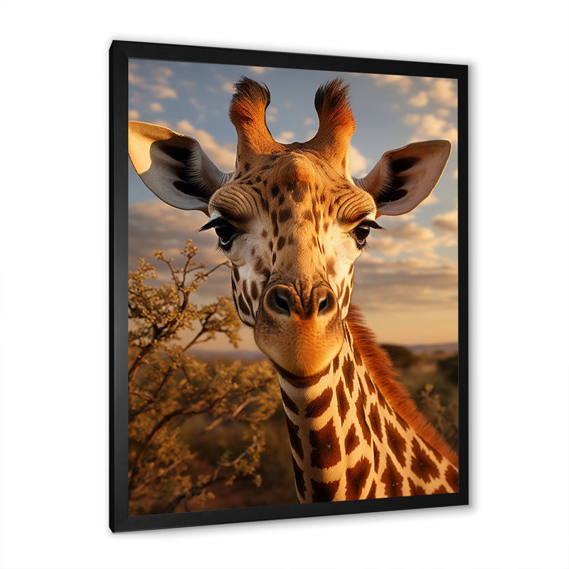 «Giraffe Portrait Vibrant - Animals», reproduction sur toile, Cadre photo noir, H 32 po x l 16 po x P 1 po