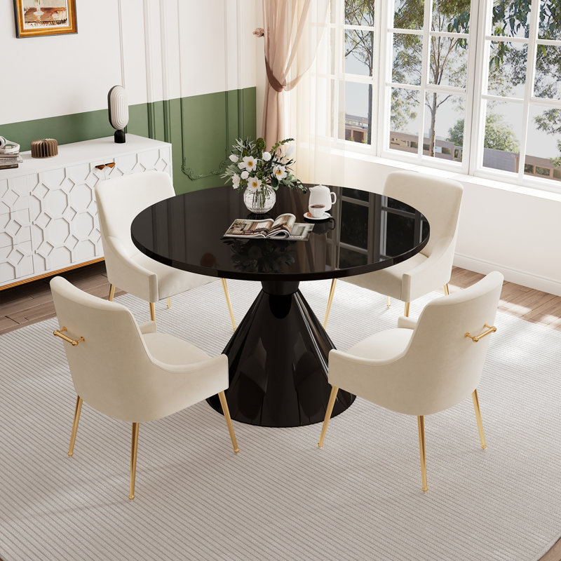 Magallanes 4 - Person Round Table Dining Set with Velvet Dining Chairs, Black, Beige