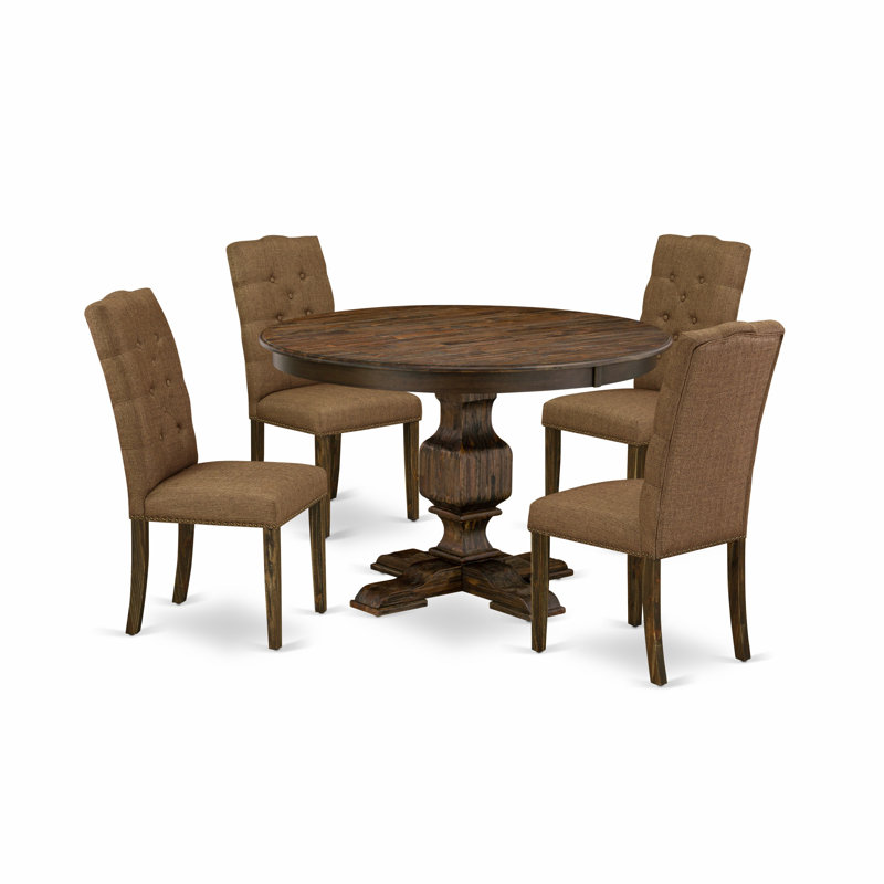 Distressed Jacobean Round Pedestal Dining Set with Brown Linen Chairs