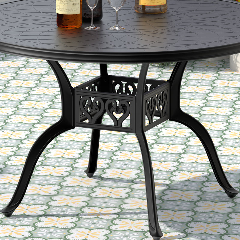6-Piece Cast Aluminum Round Outdoor Dining Set with Blue Cushions