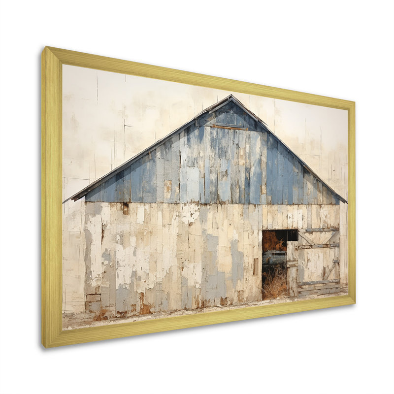 Beige et bleu grange - art mural de grange, H 12 po x l 20 po x P 1 po, Cadre doré