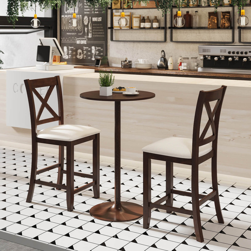 Rubber Wooden Bar Stools  With Footrest Comfortable Linen Cushion, 2