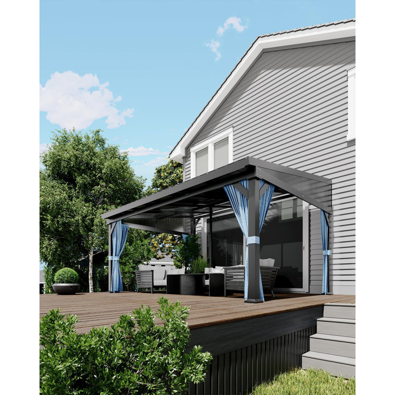 10'x14' Wall-Mounted Hardtop Lean to Gazebo with Aluminum Frame & Galvanized Steel Roof, Netting & Curtains for Patio,Garden
