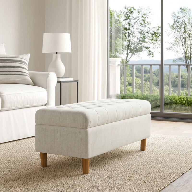 Repose-pieds avec rangement Sol, tissu tissé, 40 po, Crème, crème, Brun chêne miel