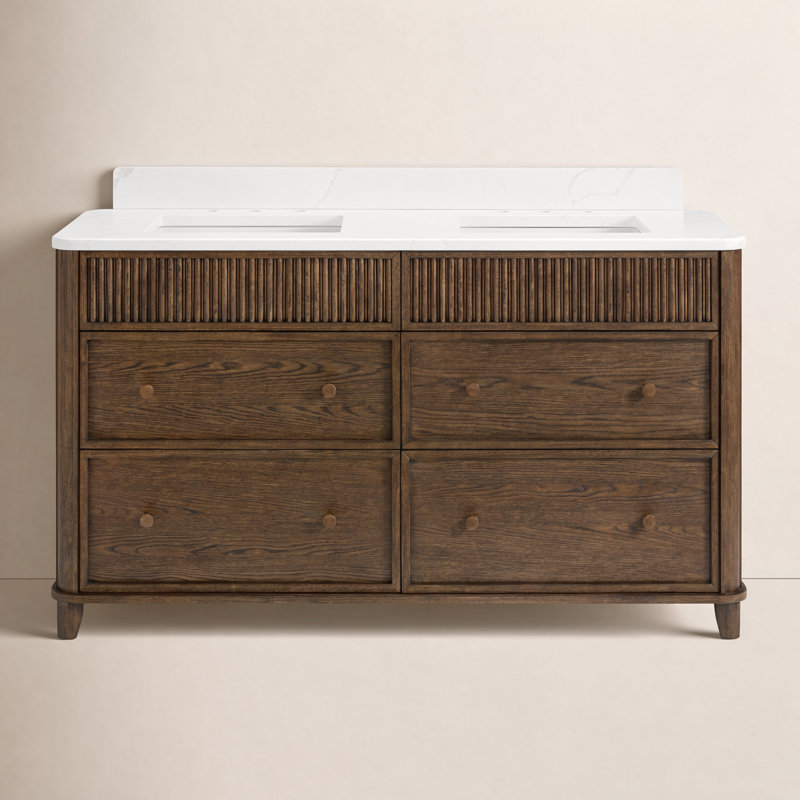Meuble-lavabo double 60 po avec comptoir Statuario, Chêne brun rehaussé, 60"