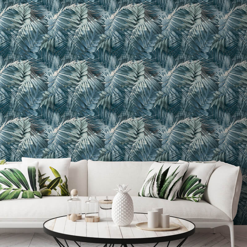 Antigua Palm Navy Blue Wallpaper Grandeco Tropical Jungle Leaf White Textured - Image 3