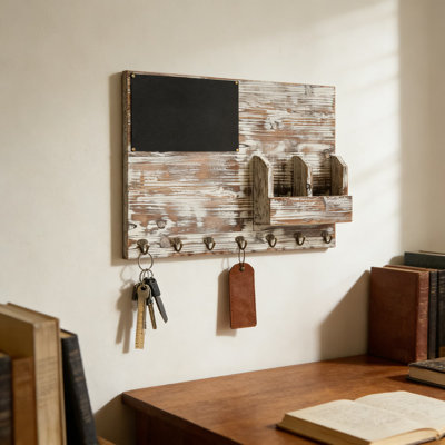 Wall Mounted Entryway Organizer With Key Hooks, Chalkboard, Memo Clips And Mail Sorter - Rustic Torched Wood Design For Home And Office