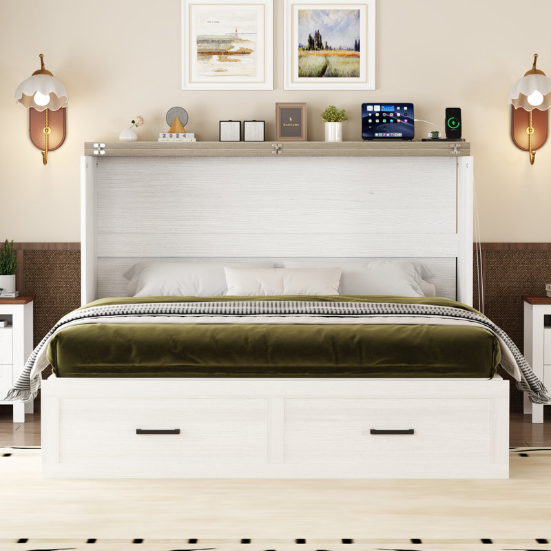 Grand lit escamotable style ferme avec station de charge, lit plateforme pliable avec grand tiroir de rangement pour chambre d'amis, petite chambre, blanc