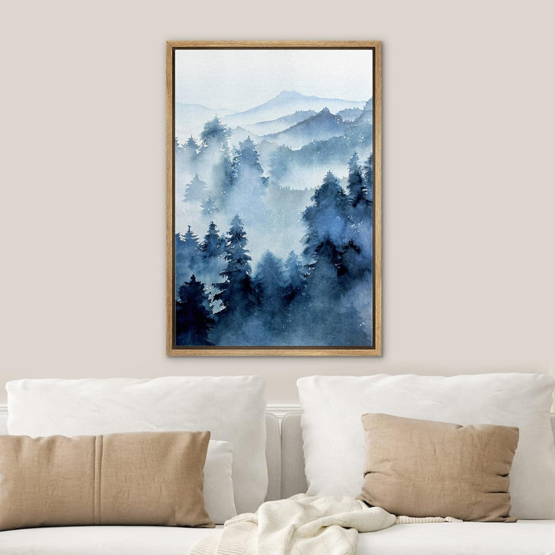 Paysage de forêt Woodland «Blue Winter Mist Pastel Mountain Forest» sur, H 24 po x l 16 po, Cadre flottant naturel