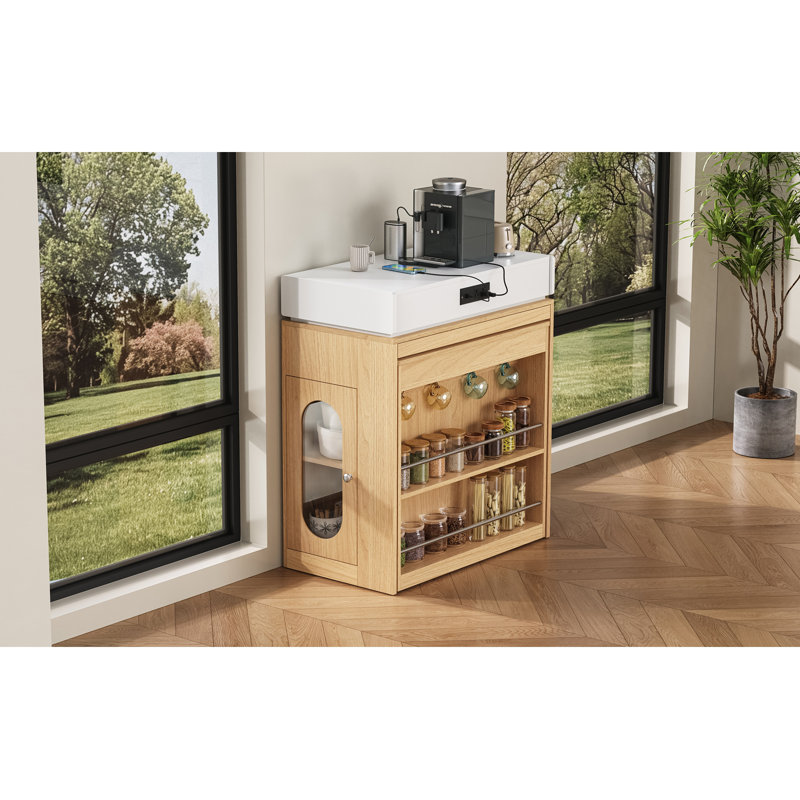 Storage Cabinet with Extendable Dining Table, Natural, 37.8" H x 57.7" W x 32.7" D