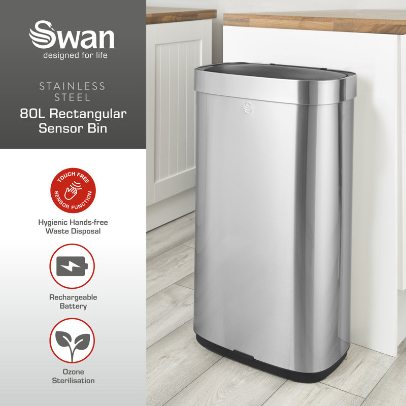Swan Rectangular Sensor Bin with Hands-Free Opening Using Motion Sensor Technology, Ozone Odour Sterilisation, Bin Liner Retainer Ring, Extra-Large 80L Capacity, Stainless Steel