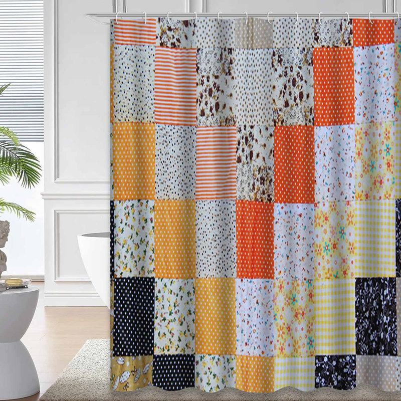 Rideau de douche patchwork multicolore en tissu style campagne avec 12 crochets, L 72 po x l 78 po