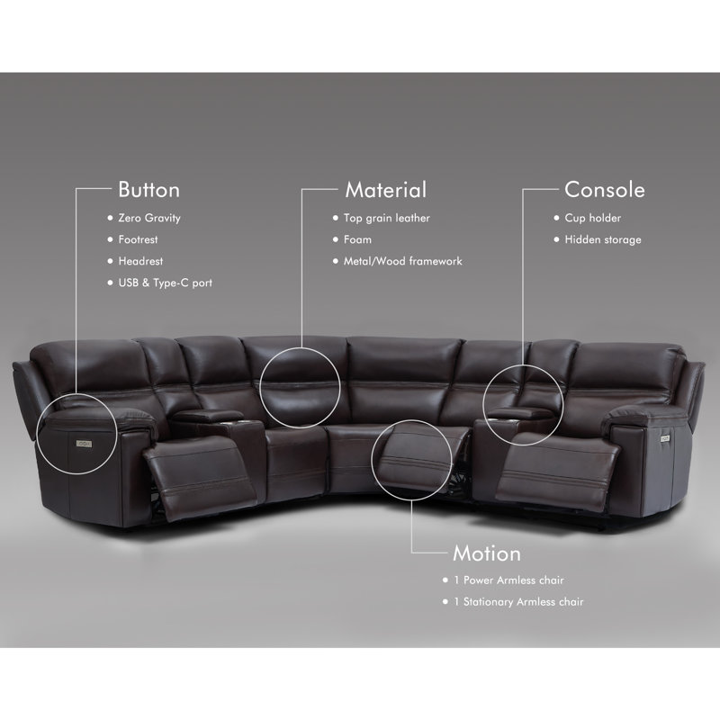 121" Leather Reclining Wide Seat Sectional, 2 Power Recliners, Adjustable Headrest, Zero Gravity & 2 Consoles, Power-Dial