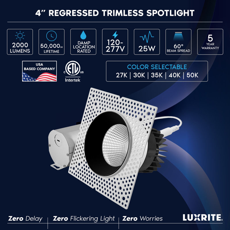 Projecteur encastré sans cadre à DEL 4 pouces avec remplacement de réflecteur noir LUXRITE 25W, 2000LM, 5CCT, 60 °, à intensité variable, certifié CRI90 ETL blanc + noir