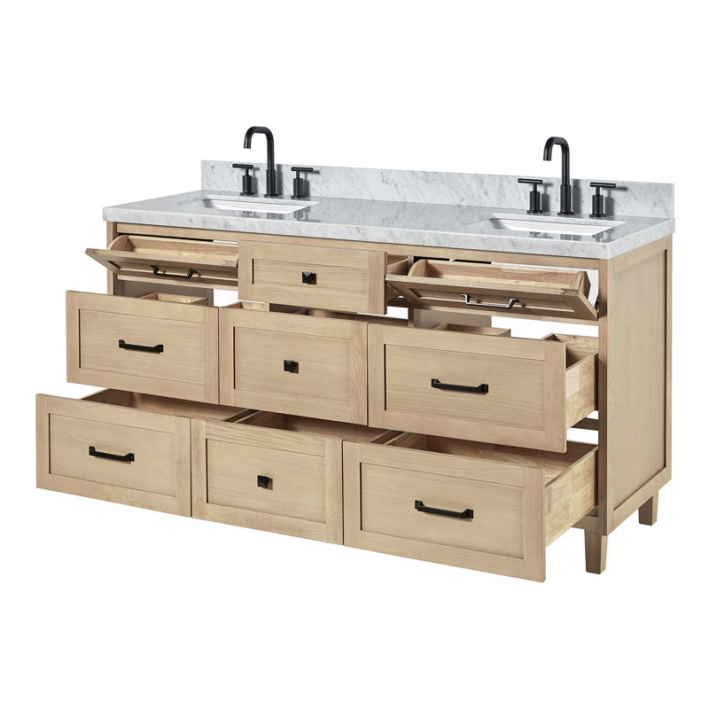 Meuble-lavabo double en bois massif ARIEL Monroe, Chêne, 66" - 67", Italian Carrara Marble