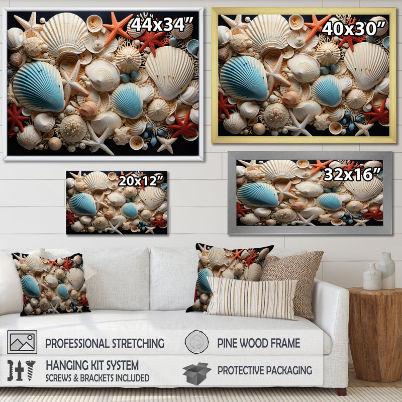 Seashell Collage, reproduction d'art sur toile, H 24 po x l 32 po x P 1 po, Cadre flottant noir