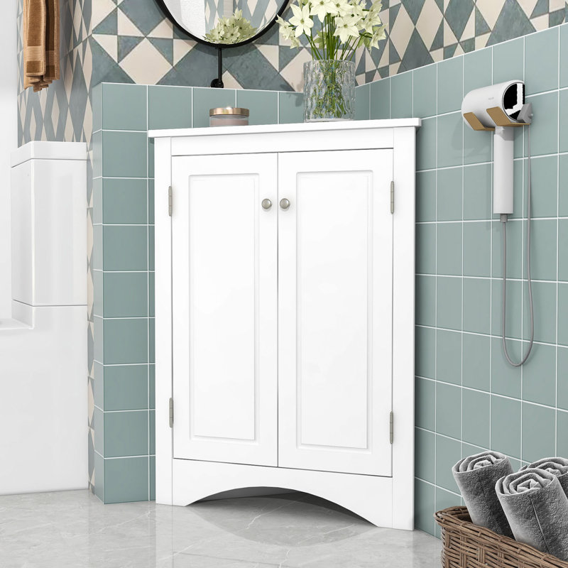 Armoire de rangement de coin de salle de bain en bois avec tablettes réglables, conception triangulaire pour petits espaces