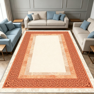 Tapis orange orange à bordure celtique pour le salon, doux et confortable, convient à toutes les saisons, facile à entretenir, tapis de sol intérieur lavable à la machine, sous la table de ferme convenant à la chambre à coucher, à la salle à manger, au bureau, au patio, au balcon, à la décoration intérieure