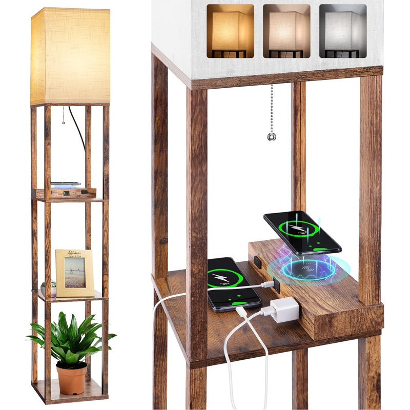 Floor Lamp With Shelves, Wireless Charger, USB A+C Ports, 2 AC Outlets, 3 Color Temperature LED Bulb For Living Room, Bedroom, Office