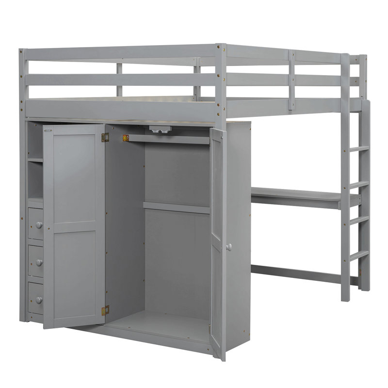 Lit mezzanine double en bois avec garde-robe intégrée, bureau, tablettes de rangement et tiroirs, Gris