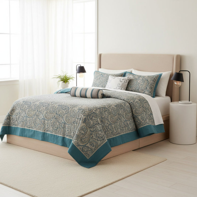 Ensemble de couvre-lit 5 pièces en jacquard avec coussins décoratifs bleu sarcelle