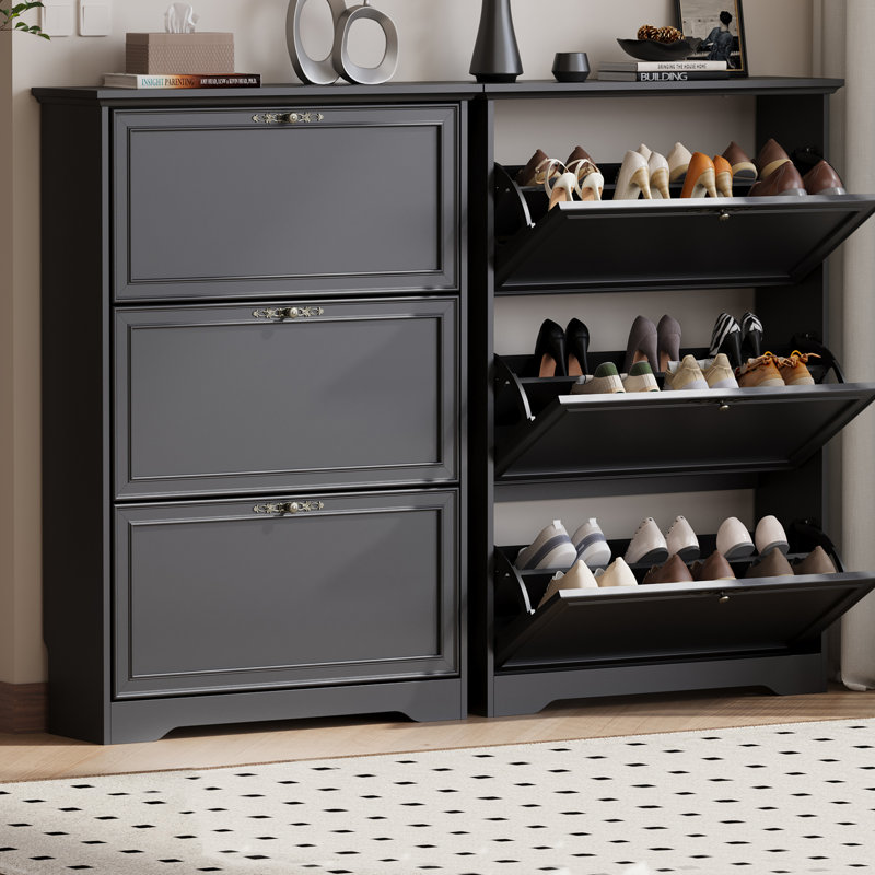 3-Tier Flip Drawer Shoe Cabinet Palace Style, 31.5" Wide Entryway Storage Tower Holds 24 Pairs, Freestanding Hallway Organizer with Adjustable/Removable Shelves, Anti-Tip