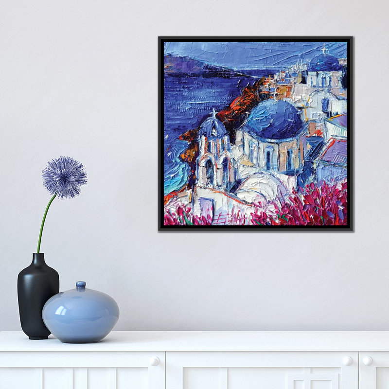 «The Blue Dome Ch Church in Oia Santorini» par Mona Edulesco - Estampe numérique sur toile tendue avec châssis, Pas de tapis