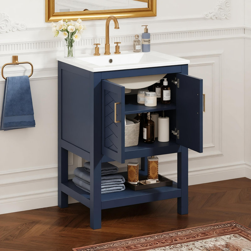 Meuble-lavabo moderne de 24 po au design sergé élégant avec charnières à fermeture en douceur, armoire de salle de bain avec structure ouverte au dos, tablette réglable