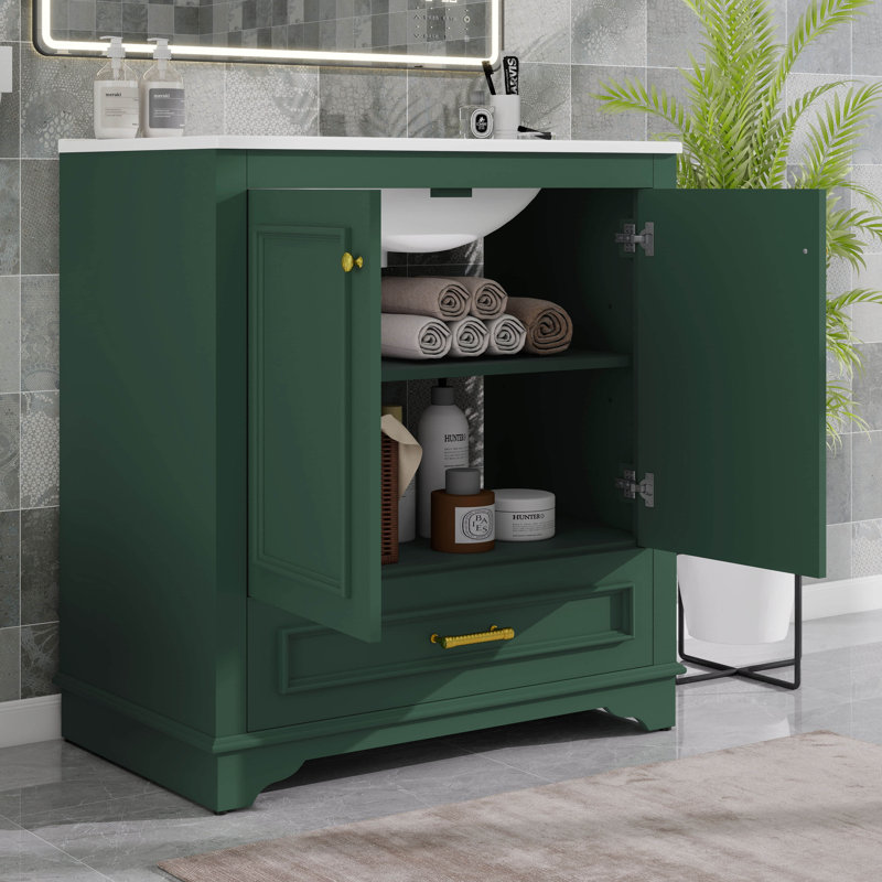 Meuble-lavabo autoportant de 30 po avec lavabo, meuble de rangement pour salle de bain avec portes à fermeture douce et tablette réglable, tiroir