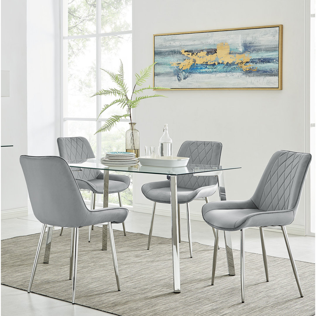 Cosmic Luxury Glass and Chrome Dining Table Set with 4 Luxury Velvet Dining Chairs