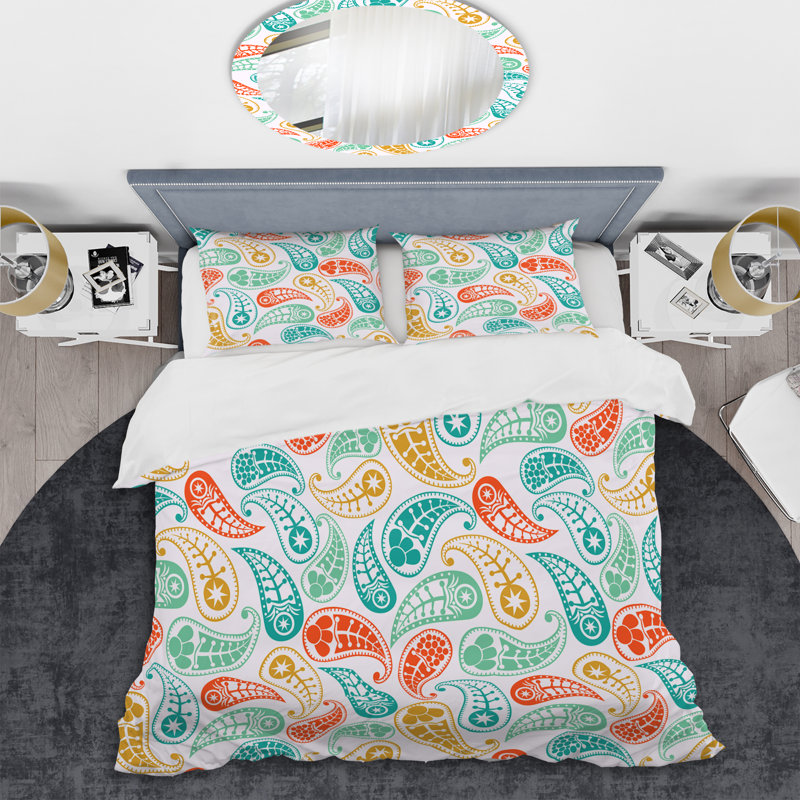 Ensemble de housse de couette à motif cachemire floral orange et bleu, Housse de couette pour grand lit et 2 taies décor