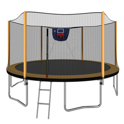 14FT Powder-Coated Advanced Trampoline With Basketball Hoop Inflator And Ladder(Outer Safety Enclosure)