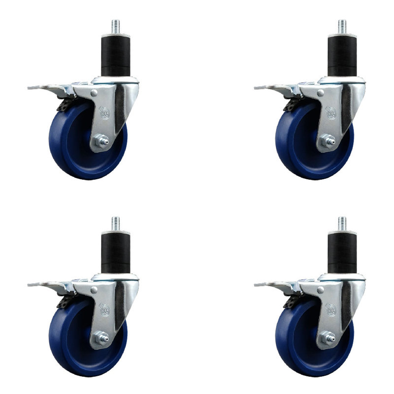 Solid Poly Swivel 1-3/4 Inch Expanding Stem Caster Set Total Lock Brake