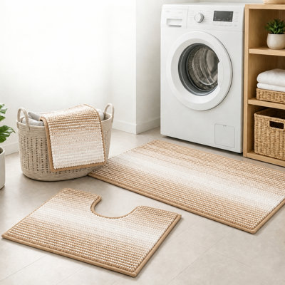 Ensemble de tapis de salle de bain rayé en chenille 3 pièces, tapis de bain absorbant antidérapant et tapis de toilette en forme de U