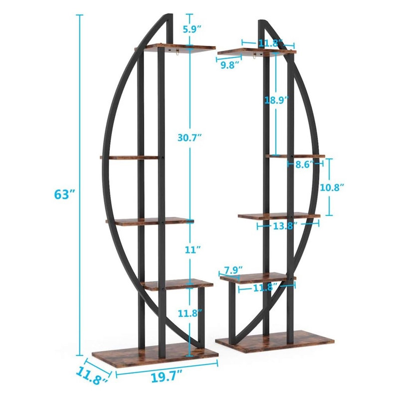 Double support à plante courbé à 5 niveaux, panneau de particules et tablette en métal pour la décoration intérieure