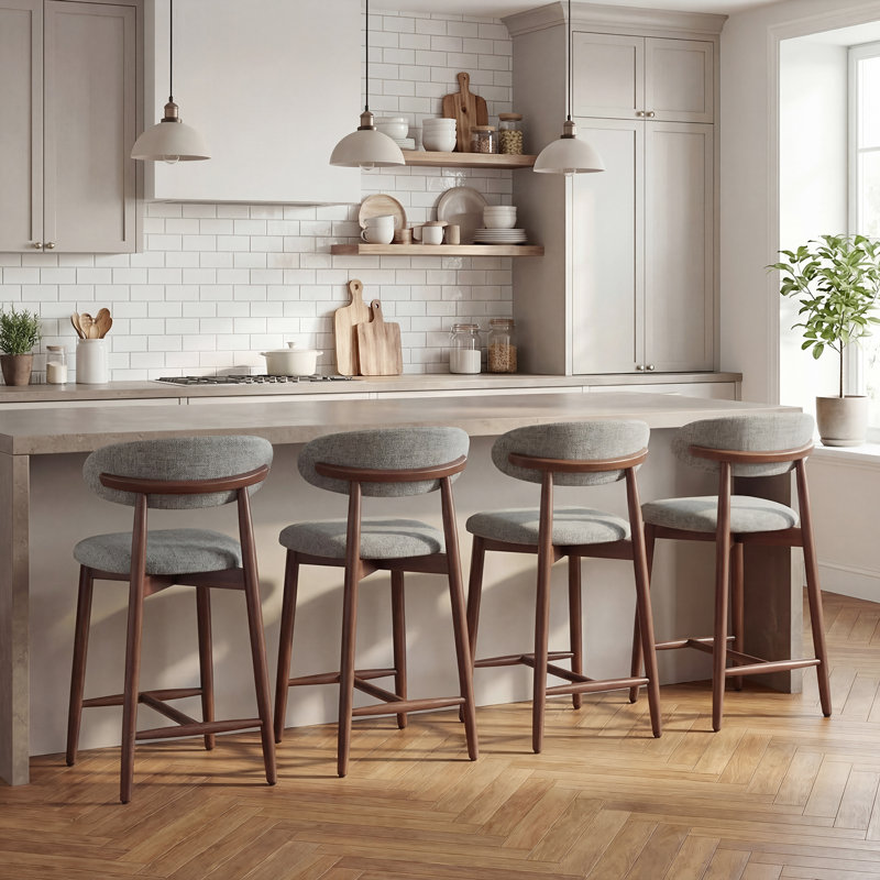 Tabouret de comptoir rembourrÃ© Vannie avec structure en bois massif, Gris