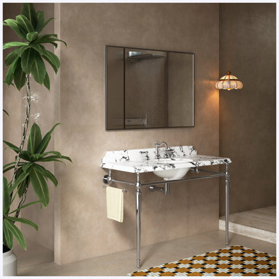 Lavabo de console de salle de bain autoportant 36 po, lavabo encastré en céramique, plateau en marbre artificiel blanc Panda, pieds en acier inoxydable chromé avec barre à serviettes