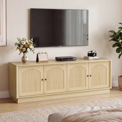 Tv Stand For 75 Inch Tv, Mid Century Modern Tv Stand With Arched Fluted Doors, Media Console Cabinet With Adjustable Shelves, 67" Entertainment Center With Storage For Living Room Bedroom, Natural