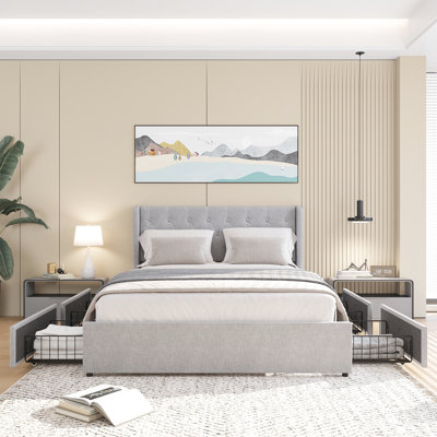 Structure de lit grand à 4 tiroirs avec dossier à oreilles et tête de lit, rangement gris en lin