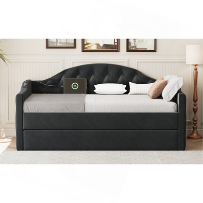 Twin Size Tufted Upholstered Daybed With Trundle ,Velvet Sofabed With USB&Type-C Charging Ports,No Box-Spring Needed