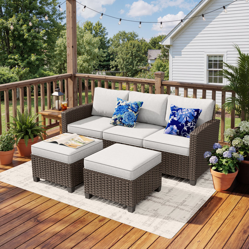 3 Pieces Patio Furniture Set, Outdoor Wicker Sofa Couch Loveseat With Ottoman Light Gray, Light Gray